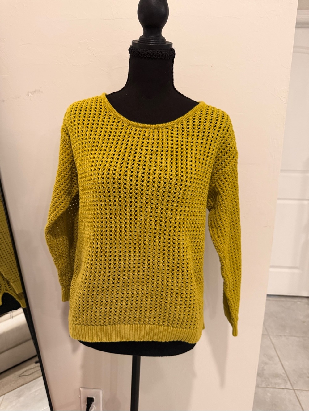 100% Cotton JEANNE PIERRE Open-Knit Scoop Neck Sweater in Mustard
